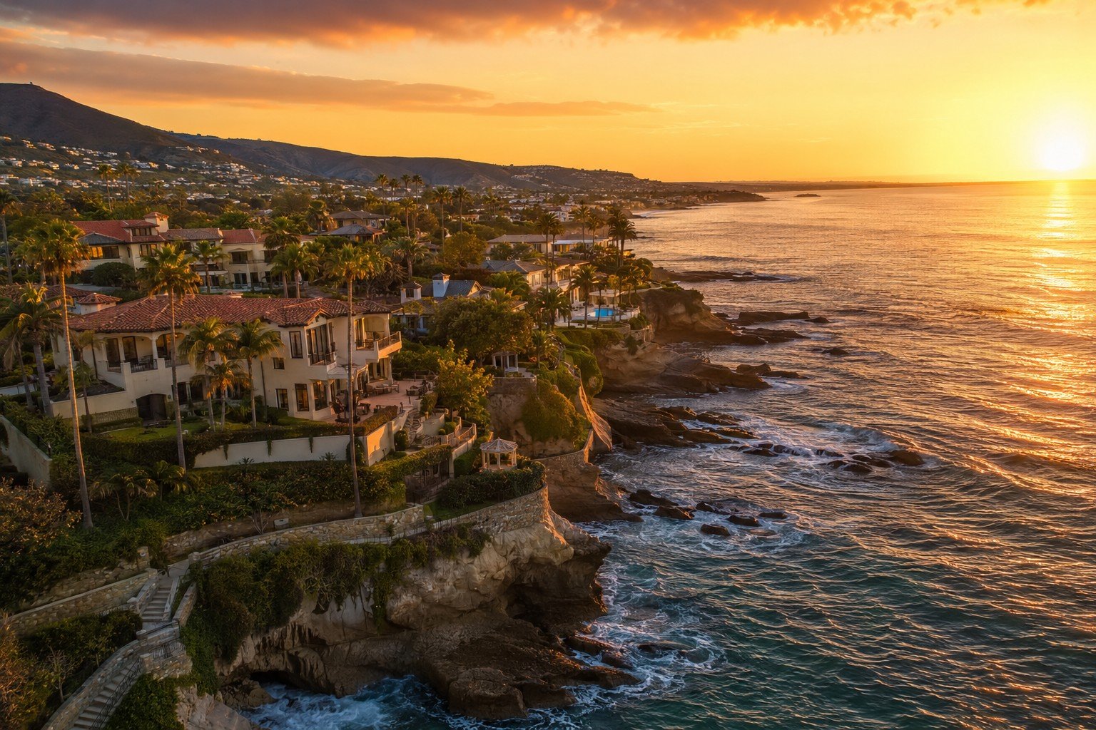 Aerial view of Corona del Mar coastline and homes