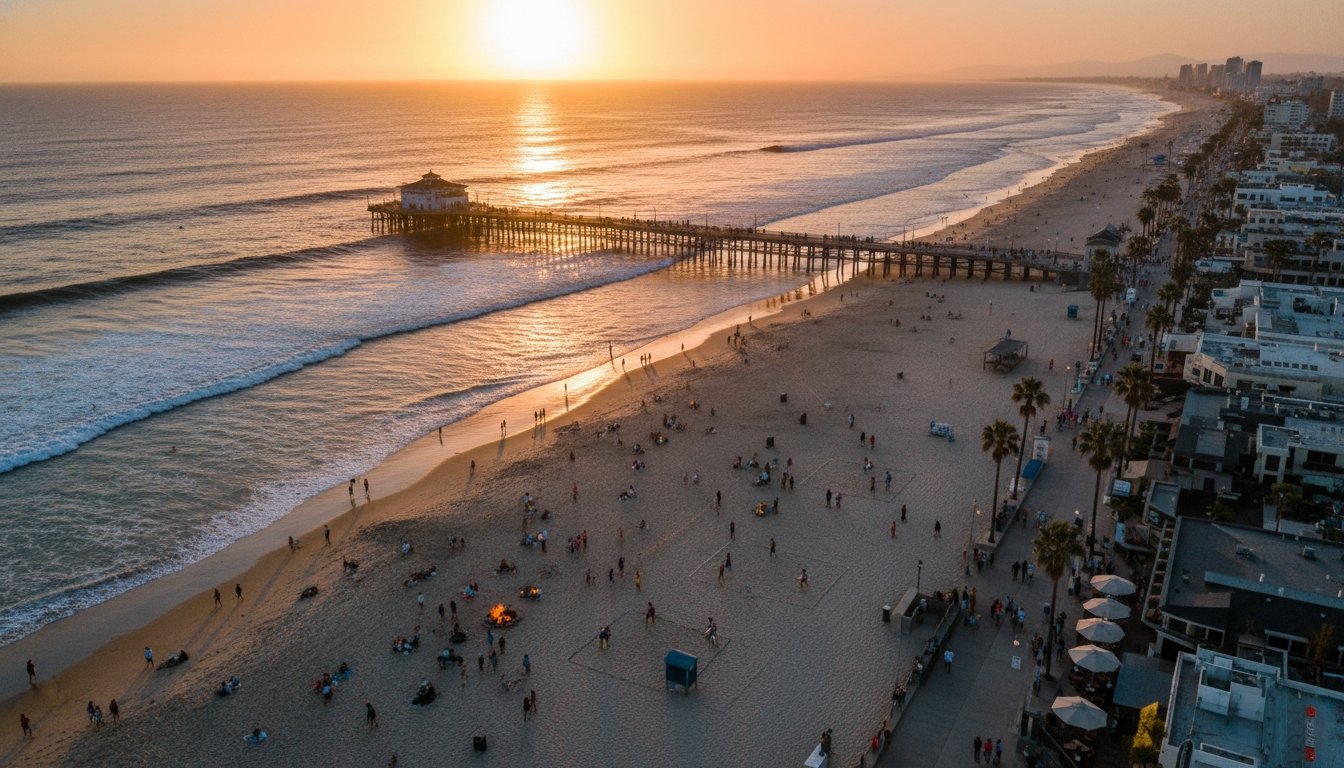 Huntington Beach coastline and pier at sunset