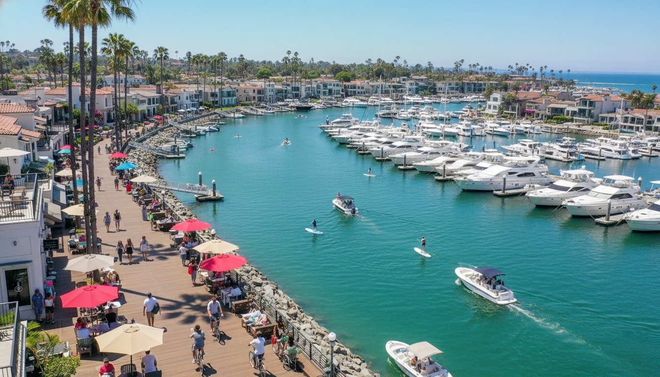 Newport Beach harbor with boats and waterfront dining