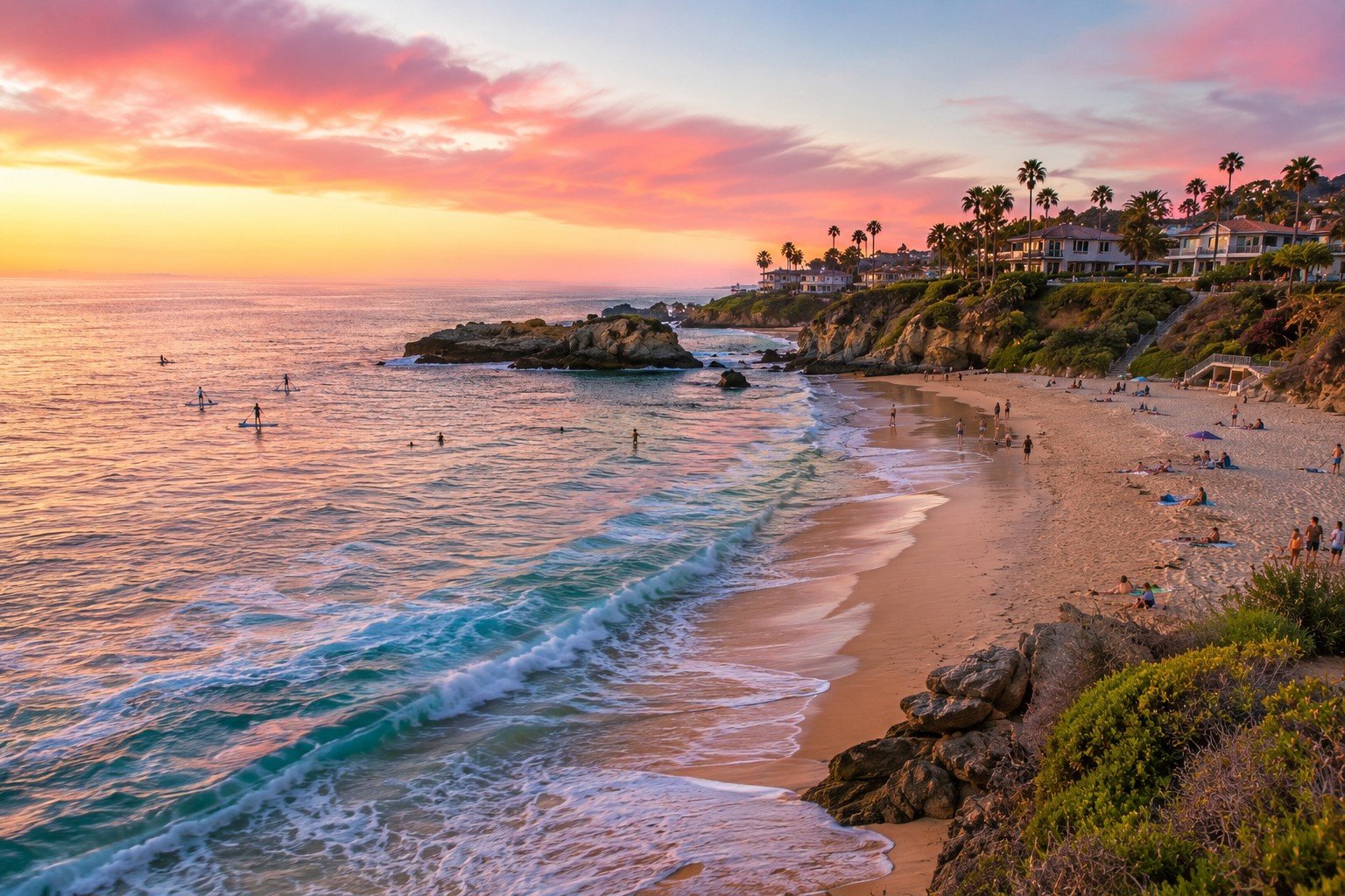 Corona del Mar beach and coastline at sunset