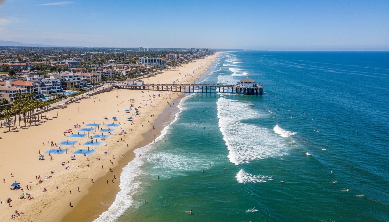 Aerial view of Huntington Beach and pier