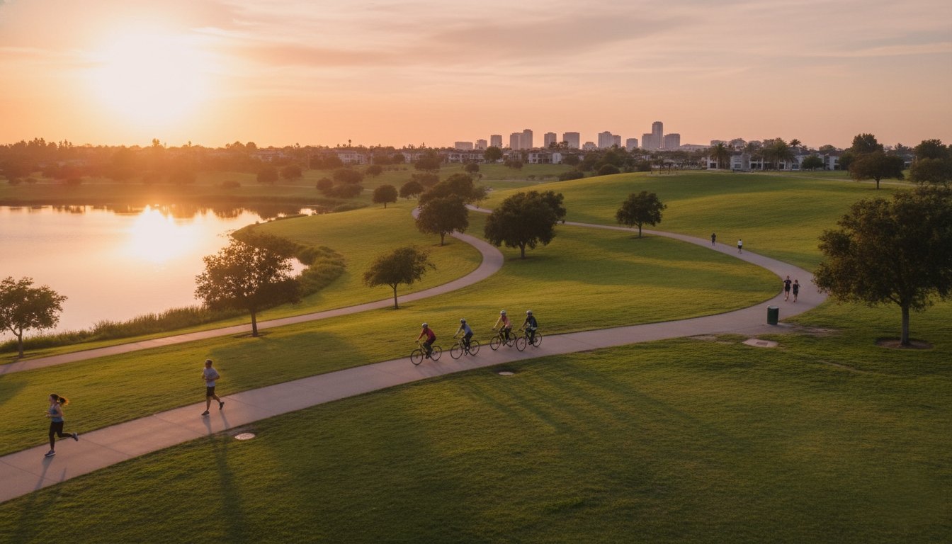 Irvine neighborhood and green space at sunset