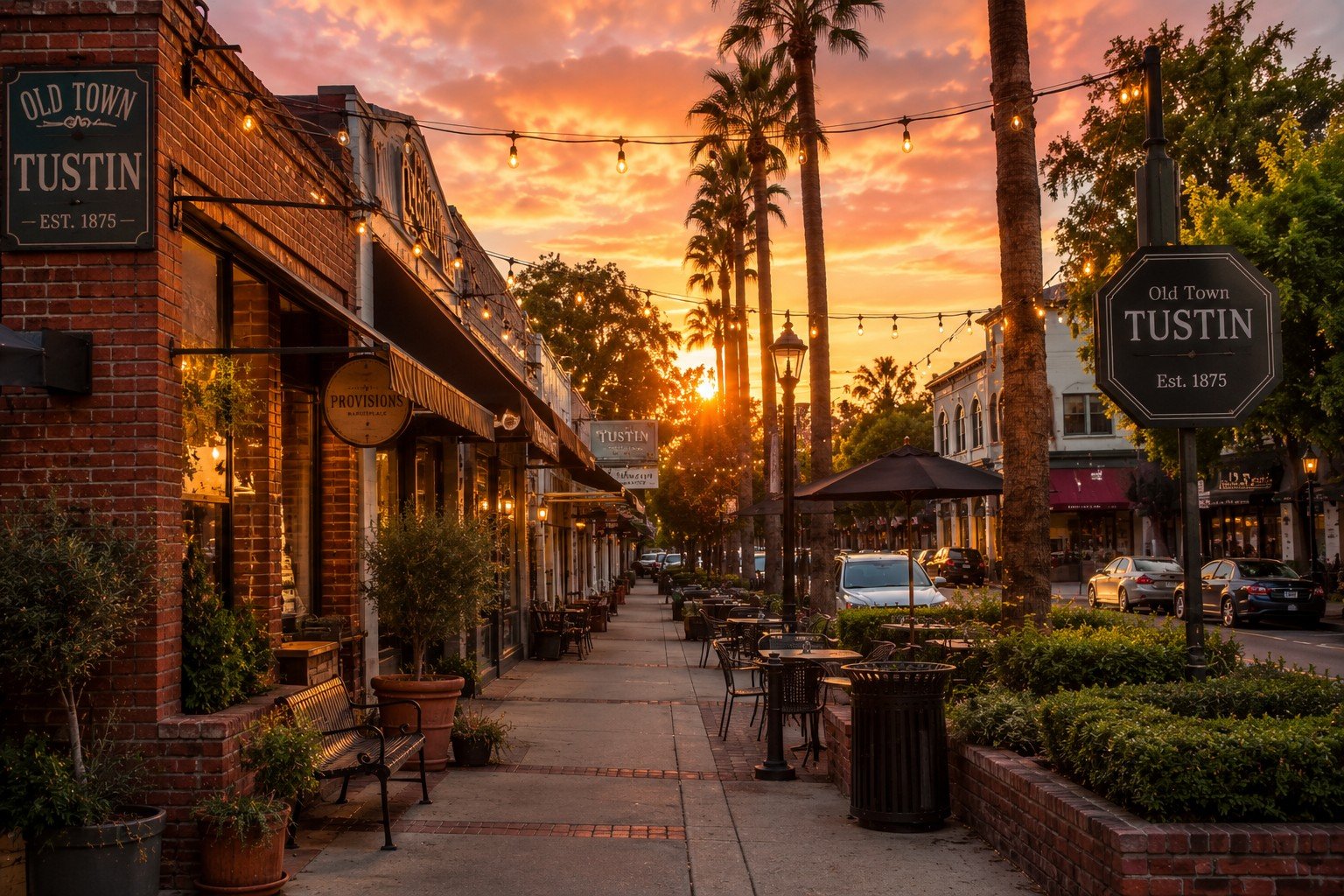Tustin shopping and dining area at sunset